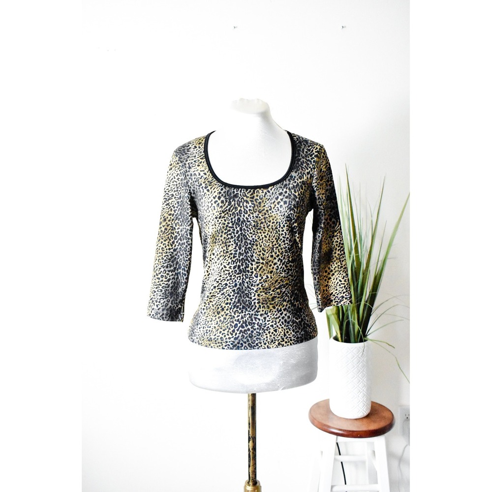 Eyeshadow Leopard Print Top Women Small Gold Y2K Scoop Neck 3/4 Sleeve vintage